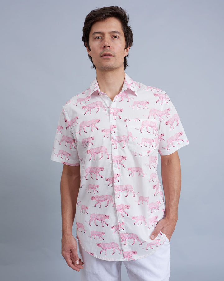 Mens Holiday Shirt Pink Cheetahs Front - Woodstock Laundry UK