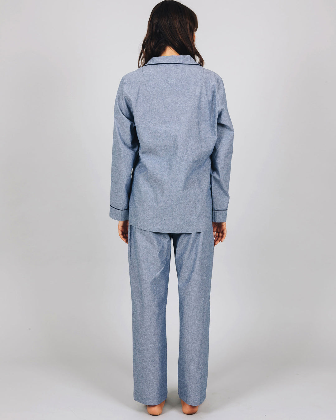 Womens Long Pyjamas Chambray Indigo Back - Woodstock Laundry UK