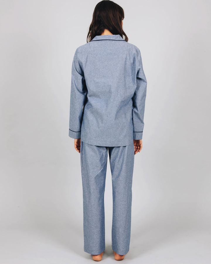Womens Long Pyjamas Chambray Indigo Back - Woodstock Laundry UK