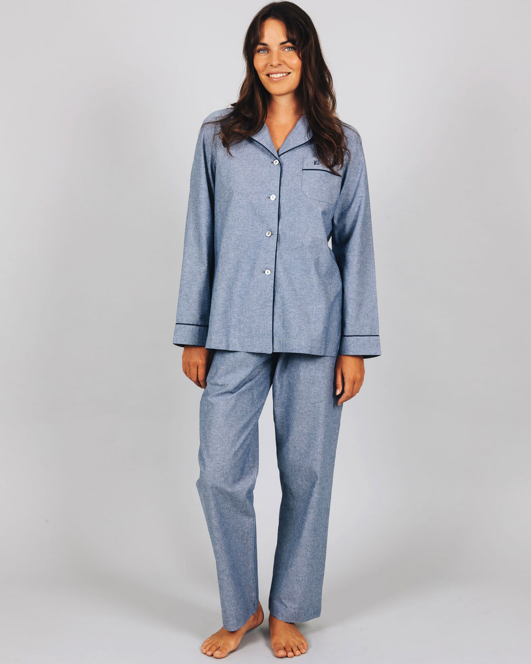 Womens Long Pyjamas Chambray Indigo Front - Woodstock Laundry UK
