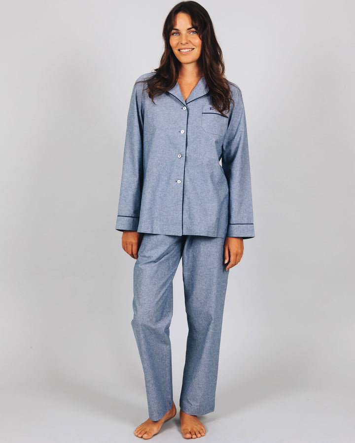 Womens Long Pyjamas Chambray Indigo Front - Woodstock Laundry UK