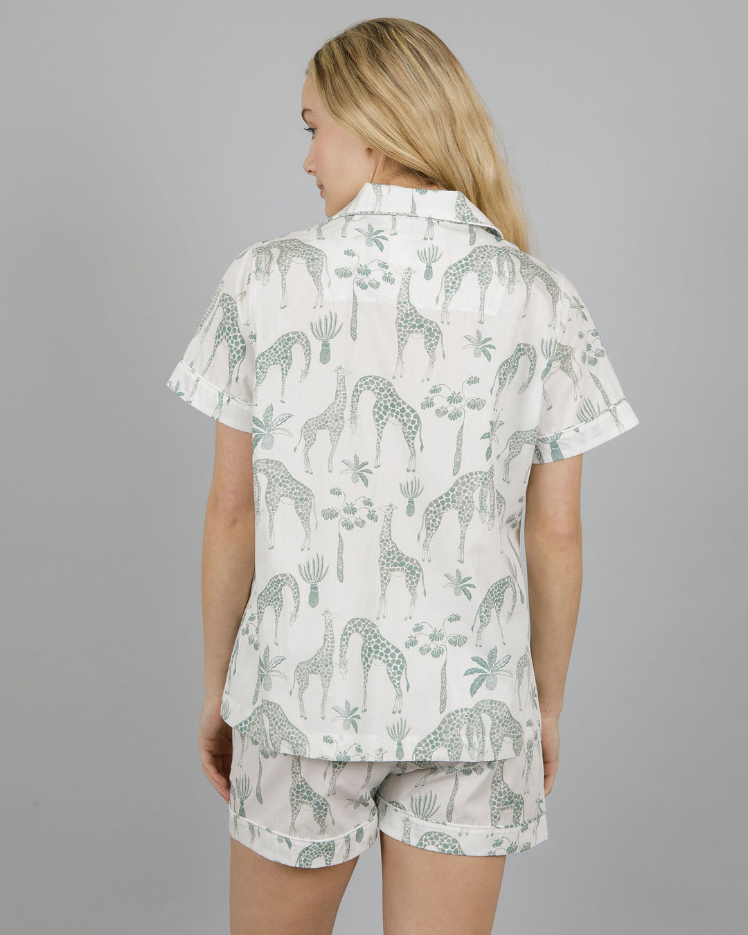 Womens Short Pyjamas Giraffes Green Back - Woodstock Laundry UK