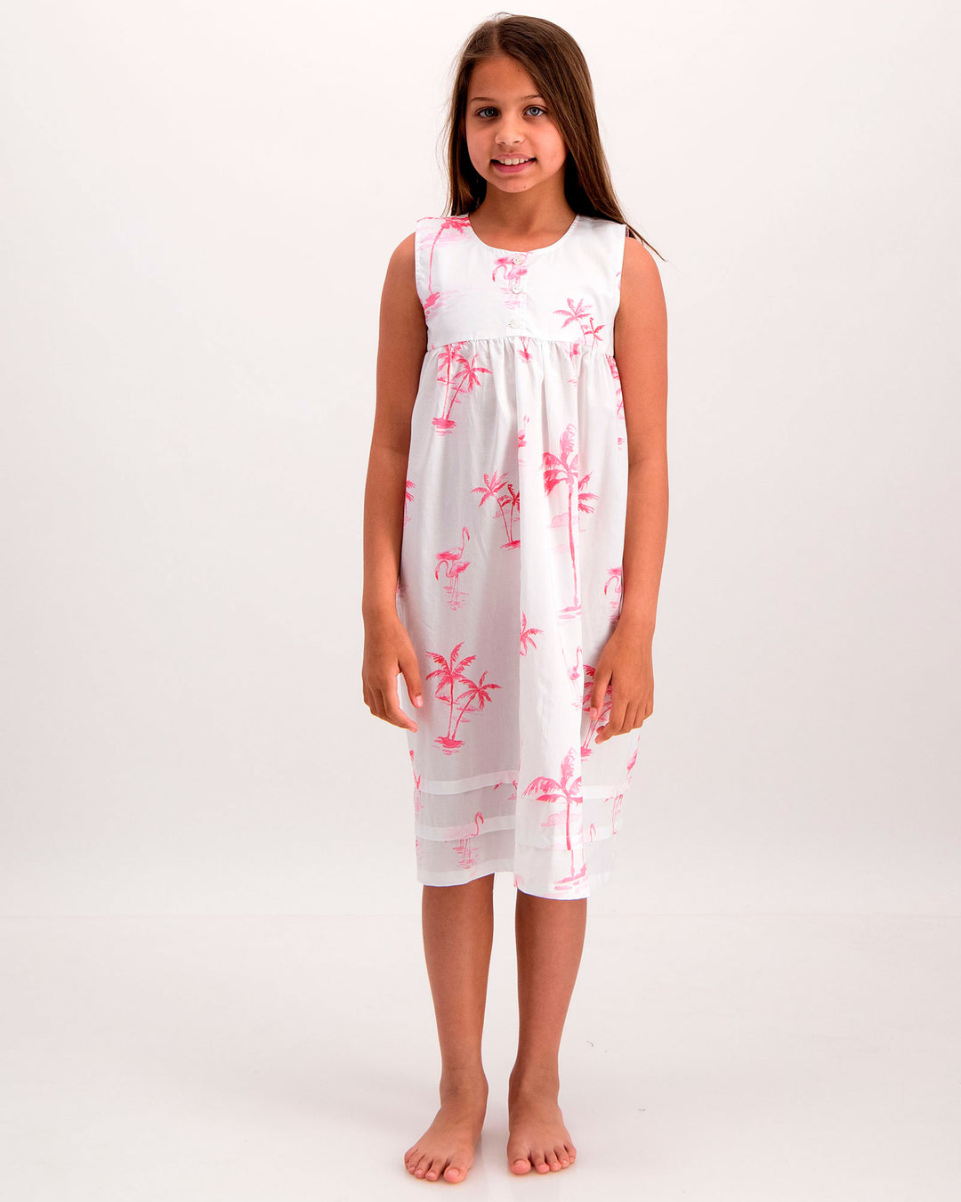 Girls Organic Cotton Nightie Pink Palms Front - Woodstock Laundry UK