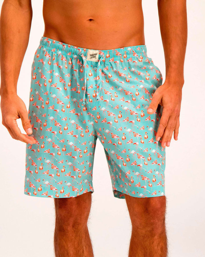 Mens Lounge Shorts Blue Flamingos - Woodstock Laundry