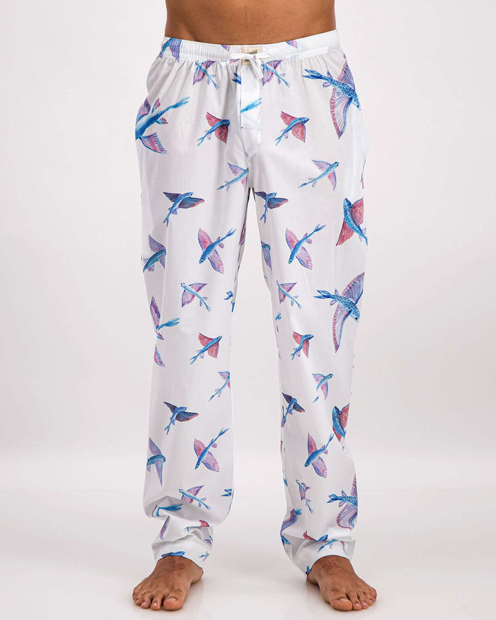 Mens Lounge Pants Flying Fish White - Woodstock Laundry UK