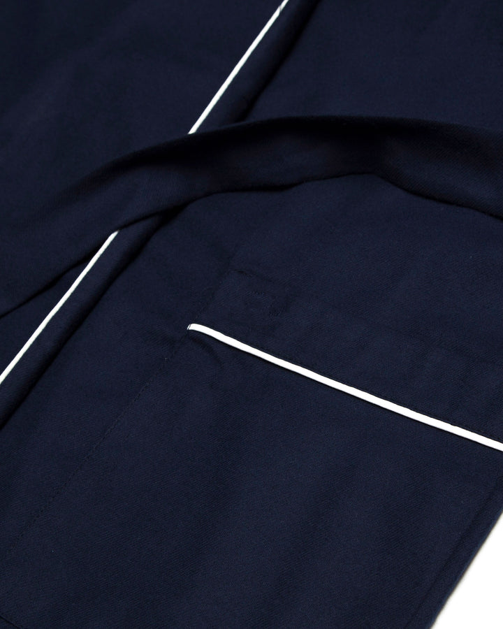 Womens Flannel Dressing Gown Navy with White Piping Detail - Woodstock Laundry UK