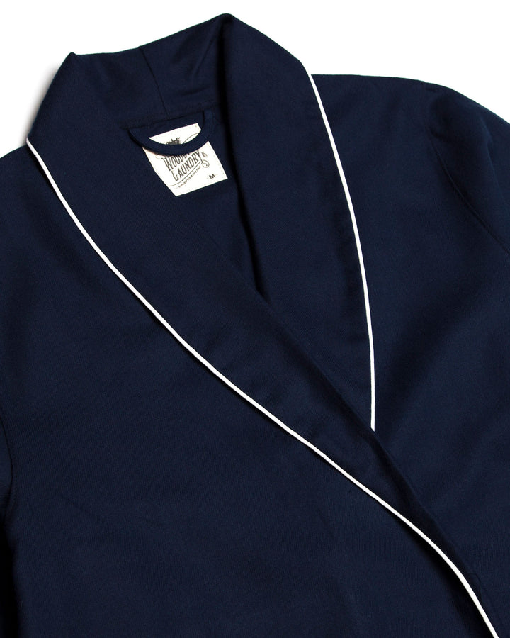 Womens Flannel Dressing Gown Navy with White Piping Detail - Woodstock Laundry UK