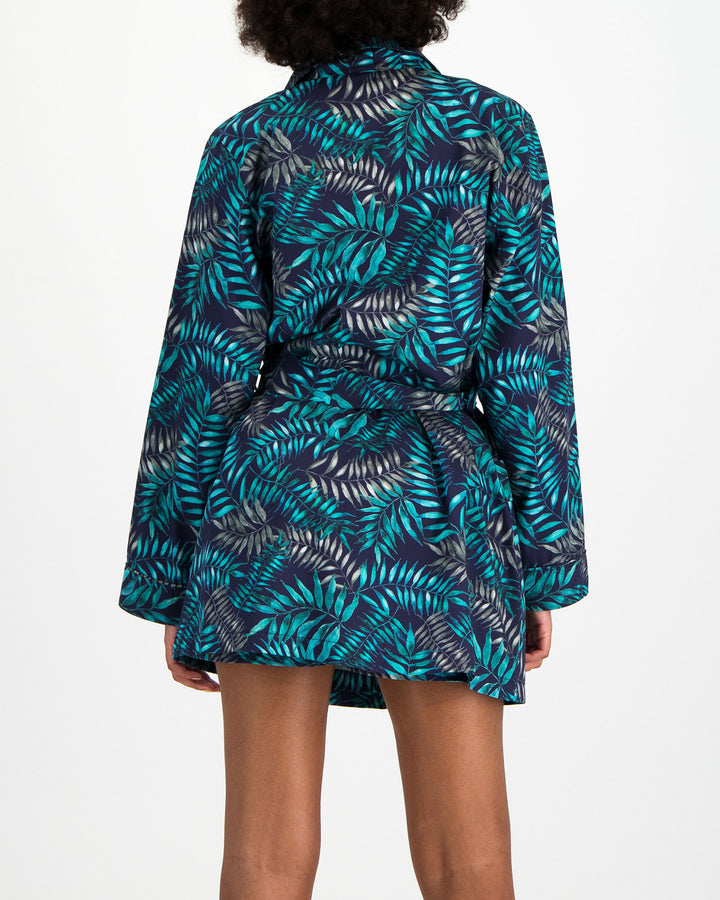 Womens Dressing Gown Palm Leaves Navy Back - Woodstock Laundry UK