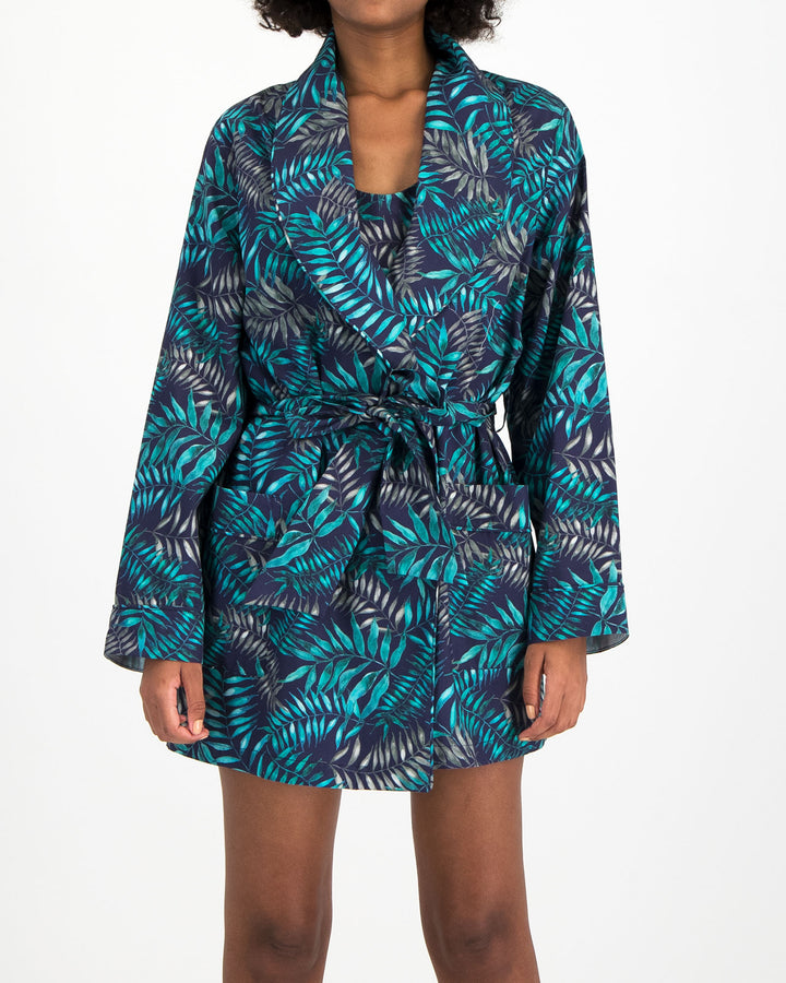 Womens Dressing Gown Palm Leaves Navy Front - Woodstock Laundry UK