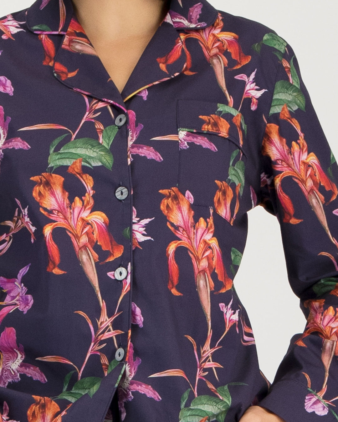 Womens Long Pyjamas Iris Navy Detail - Woodstock Laundry UK