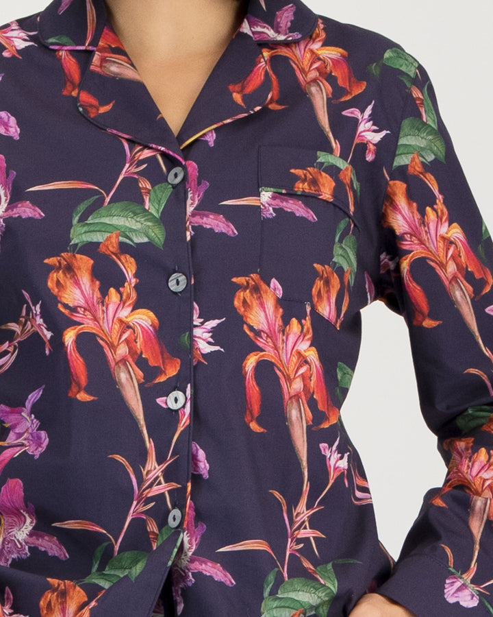 Womens Long Pyjamas Iris Navy Detail - Woodstock Laundry UK