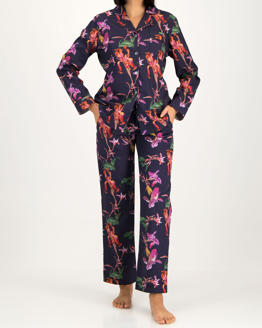 Womens Long Pyjamas Iris Navy Front - Woodstock Laundry UK