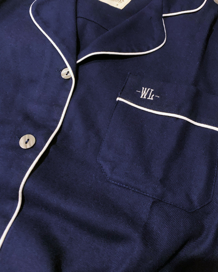Womens Sleep Shirt Navy Cotton Flannel with White Piping Detail - Woodstock Laundry UK