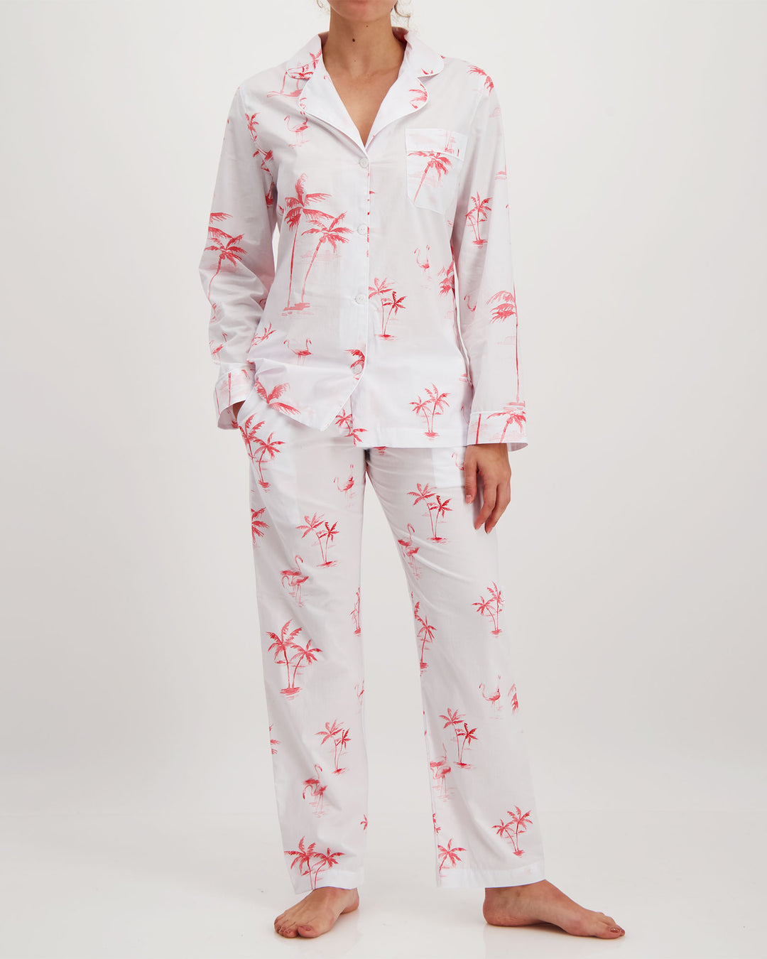 Womens Long Pyjamas Pink Palms Front - Woodstock Laundry UK