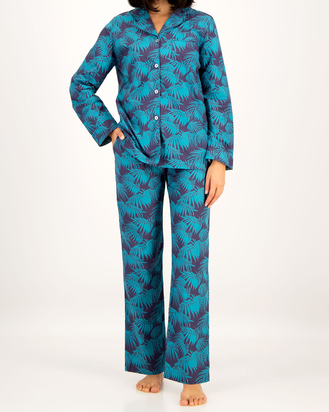 Womens Long Pyjamas Tropical Green Front - Woodstock Laundry UK