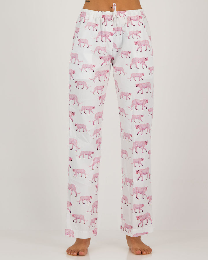 Womens Lounge Pants Pink Cheetahs Front - Woodstock Laundry UK