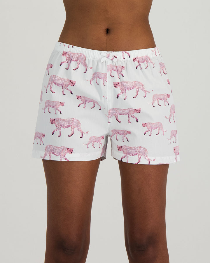 Womens Lounge Shorts Pink Cheetahs Front - Woodstock Laundry UK
