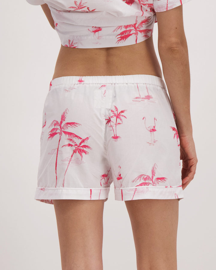 Womens Lounge Shorts Pink Palms Back - Woodstock Laundry UK