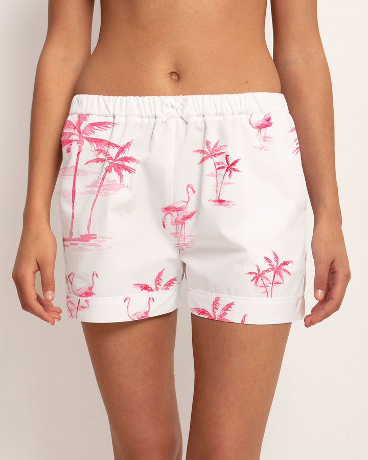Womens Lounge Shorts Pink Palms Front - Woodstock Laundry UK