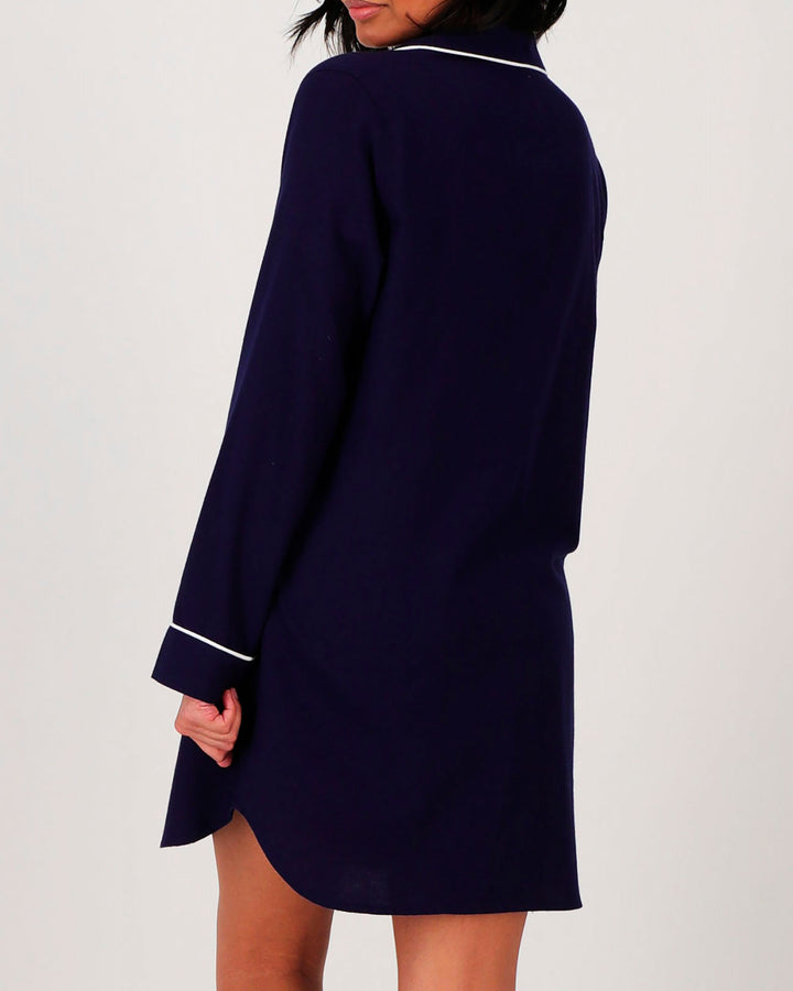 Womens Sleep Shirt Navy Cotton Flannel with White Piping Back - Woodstock Laundry UK