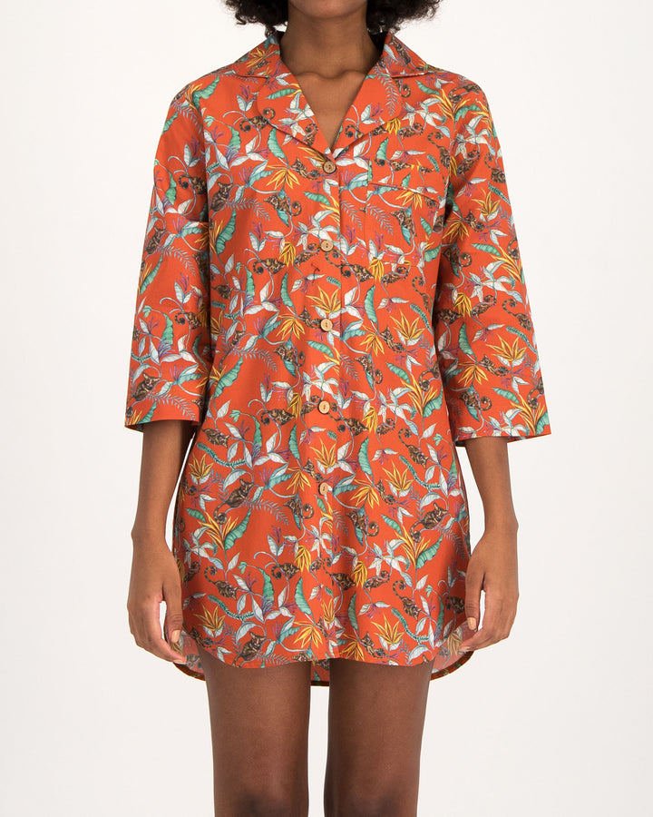 Womens Organic Cotton Sleep Shirt Night Monkeys Orange Front - Woodstock Laundry UK