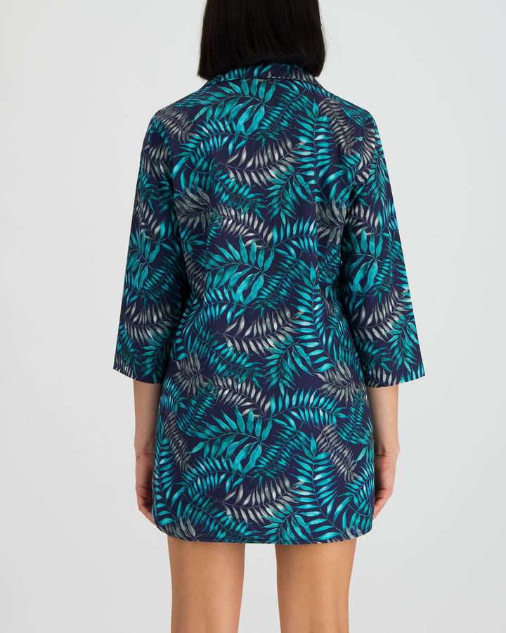 Womens Organic Cotton Sleep Shirt Palm Leaves Navy Back - Woodstock Laundry UK
