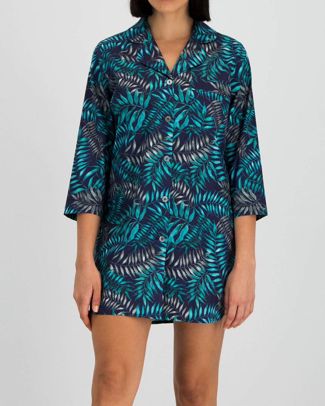 Womens Organic Cotton Sleep Shirt Palm Leaves Navy Front - Woodstock Laundry UK