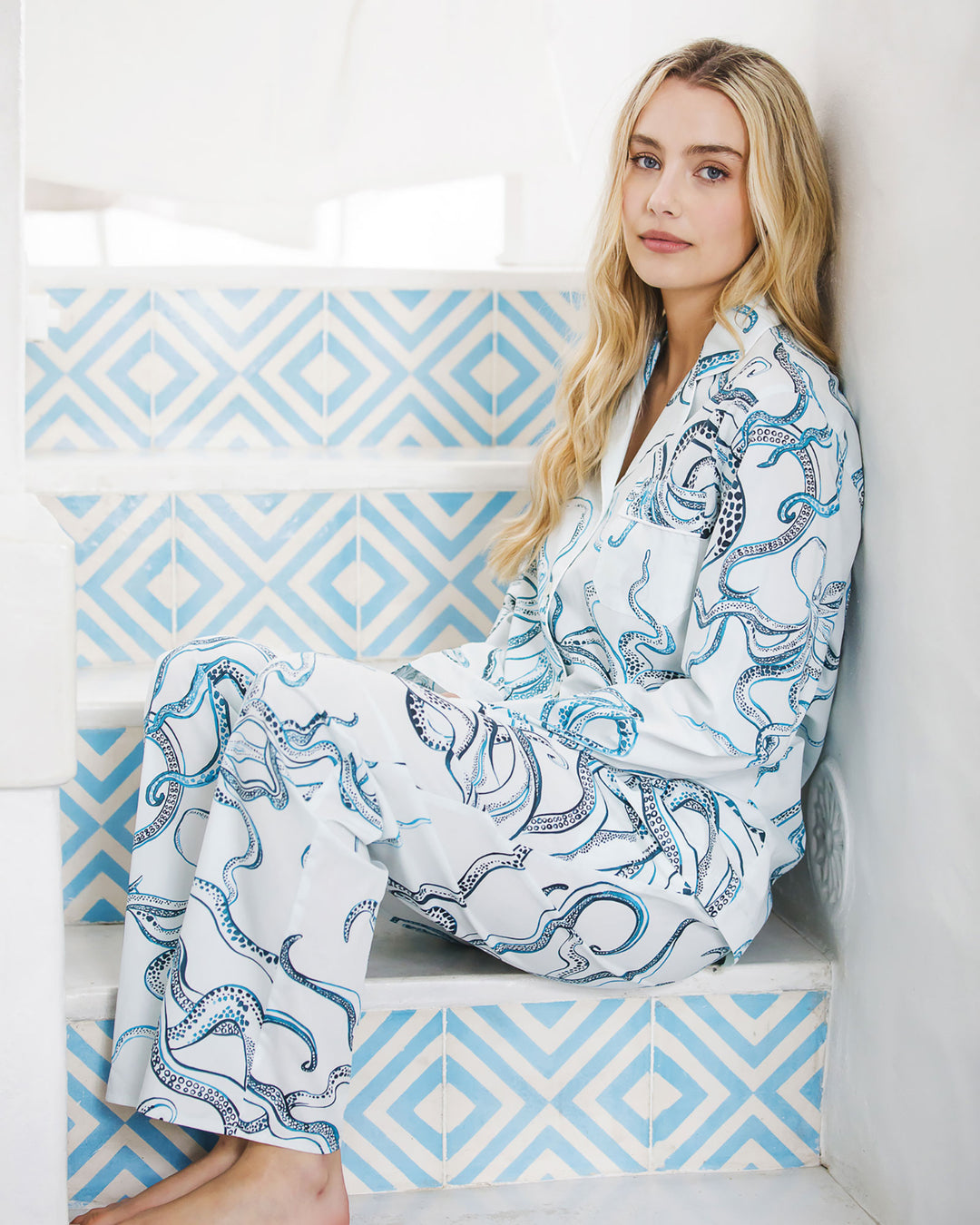 Woman wearing Long Pyjamas Octopus Indigo - Woodstock Laundry