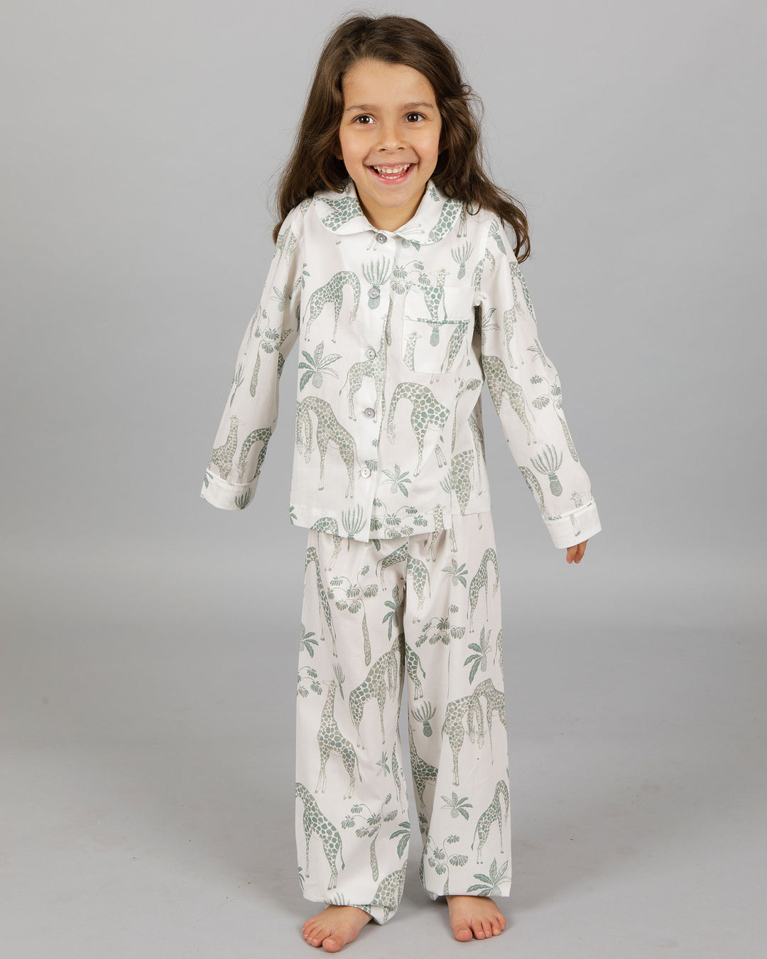 Girls Long Pyjamas - Green Giraffes