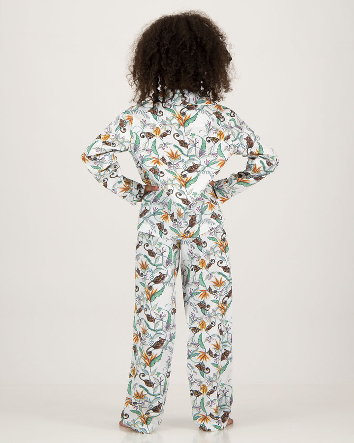 Girls Long Pyjamas - Night Monkeys White