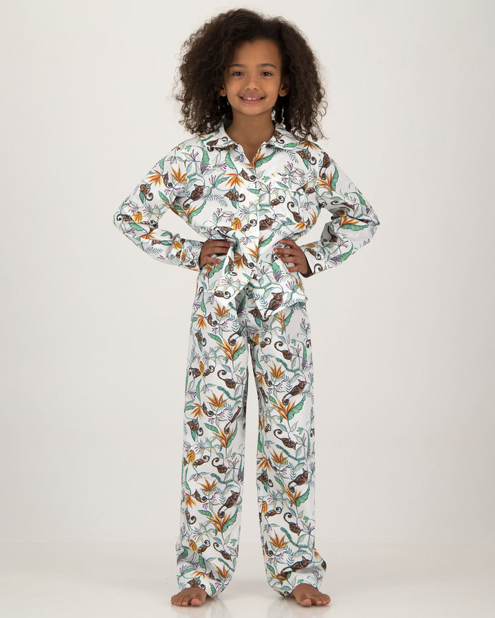 Girls Long Pyjamas - Night Monkeys White