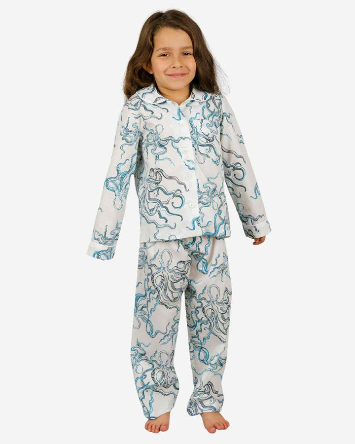 Girls Long Pyjamas - Octopus Indigo