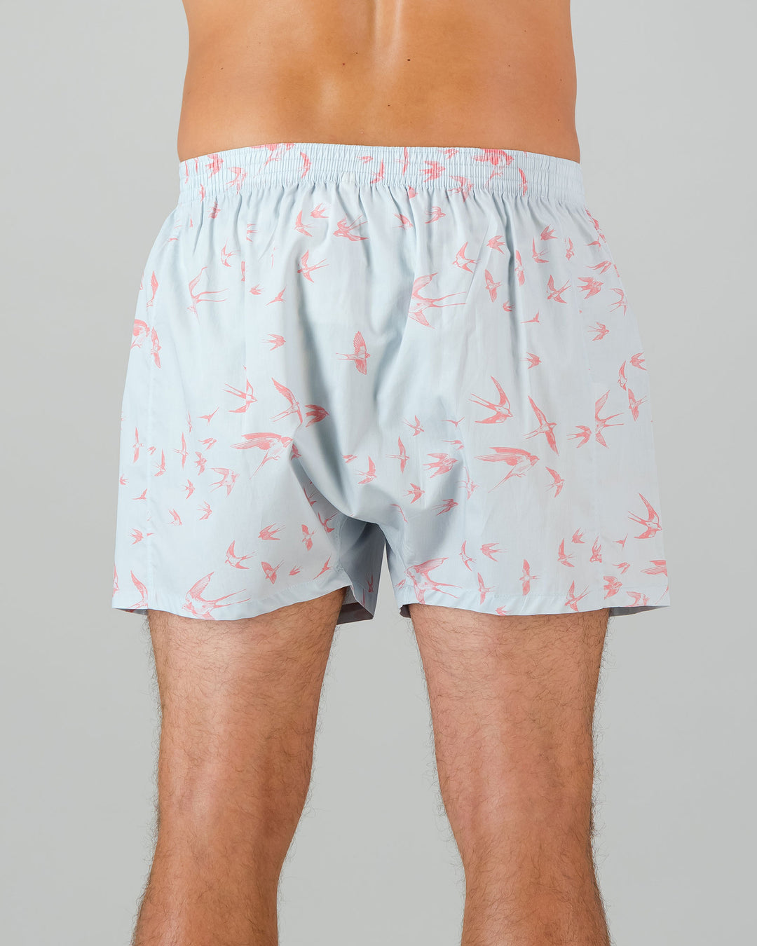 Mens Boxer Shorts - Pink Swallows on Pale Blue