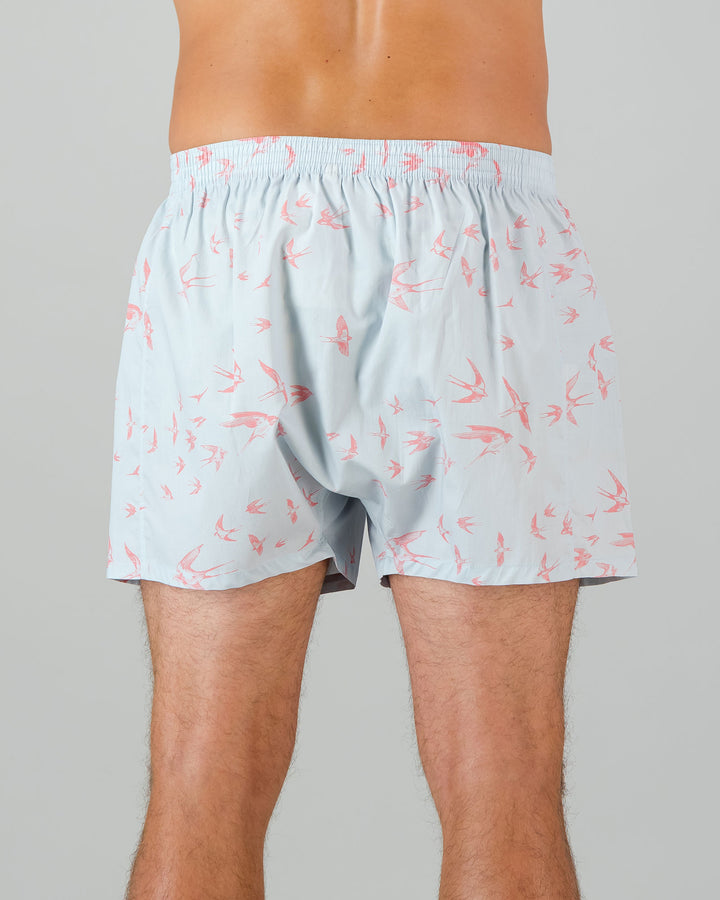 Mens Boxer Shorts - Pink Swallows on Pale Blue