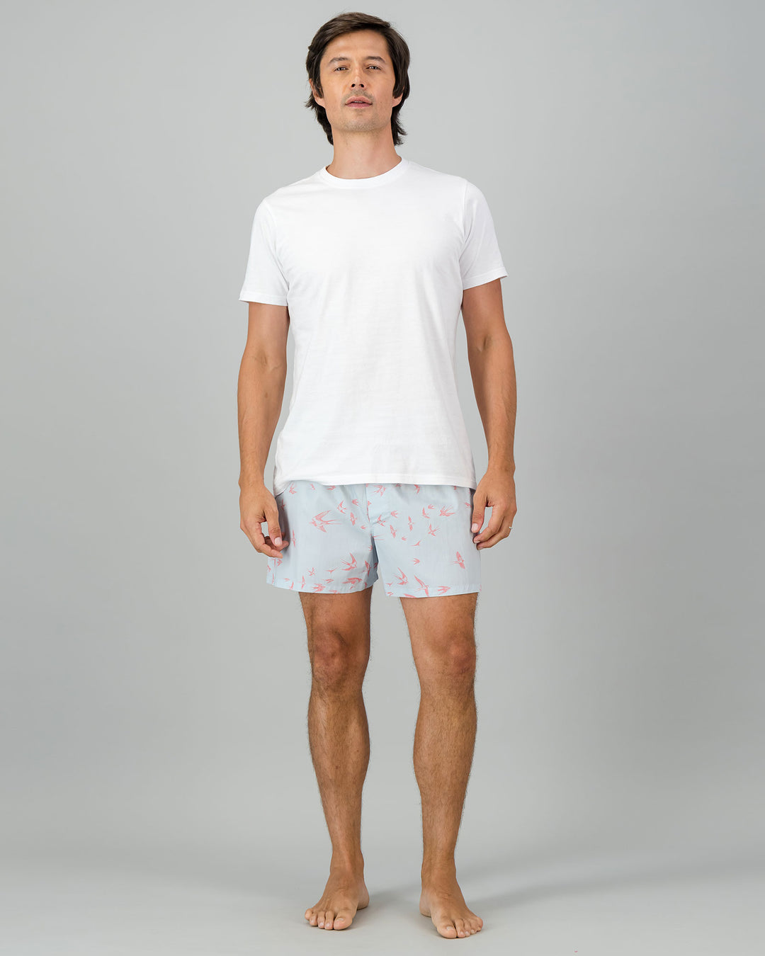 Mens Boxer Shorts - Pink Swallows on Pale Blue