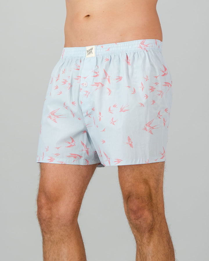 Mens Boxer Shorts - Pink Swallows on Pale Blue