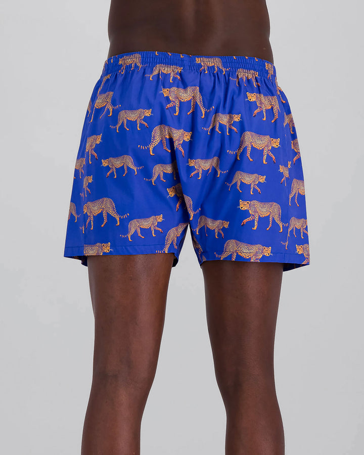 Mens Boxer Shorts Blue Cheetahs Back - Woodstock Laundry UK