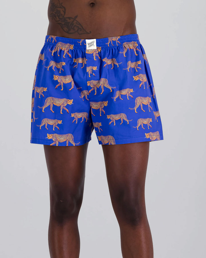 Mens Boxer Shorts Blue Cheetahs Front - Woodstock Laundry UK