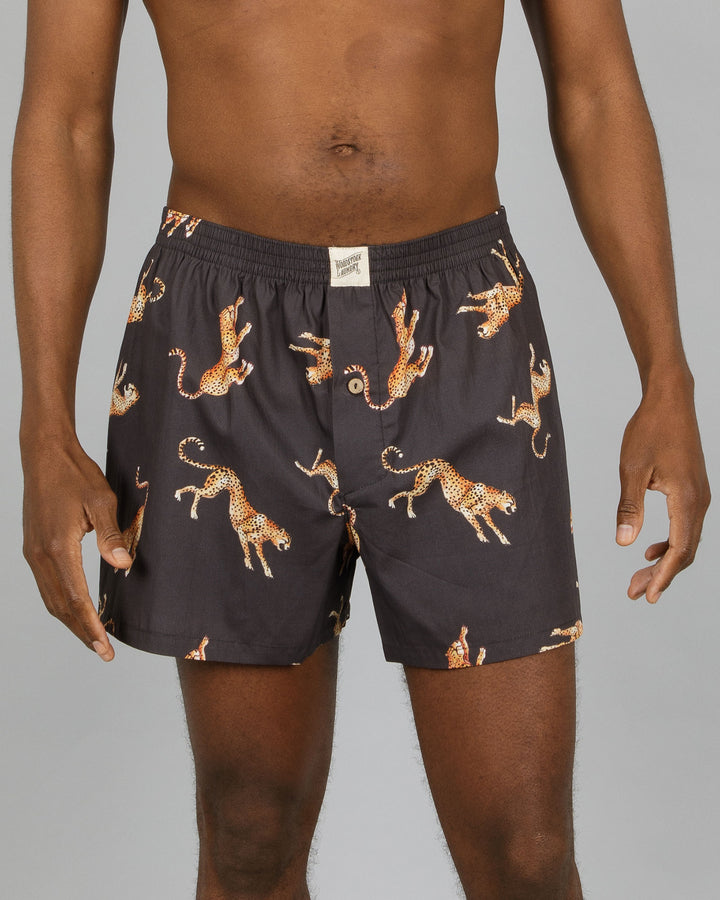 Mens Boxer Shorts Jumping Cheetahs Front - Woodstock Laundry UK