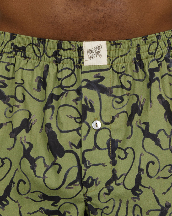 Mens Boxer Shorts Monkeys Green Close - Woodstock Laundry UK