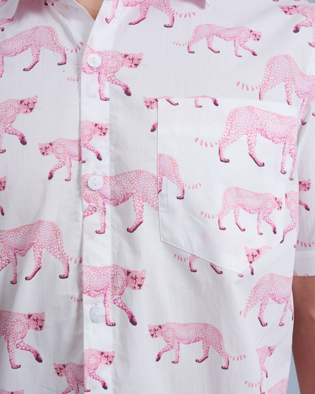 Mens Holiday Shirt Pink Cheetahs Close - Woodstock Laundry UK