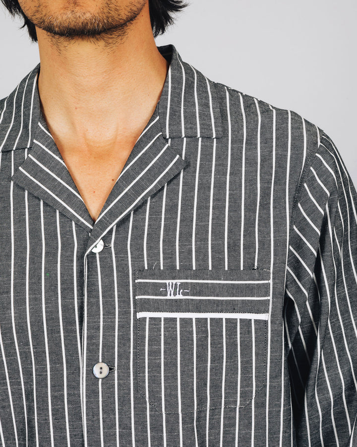 Mens Long Pyjamas Chambray Black Stripe Close - Woodstock Laundry UK
