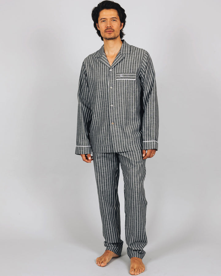 Mens Long Pyjamas Chambray Black Stripe Front - Woodstock Laundry UK