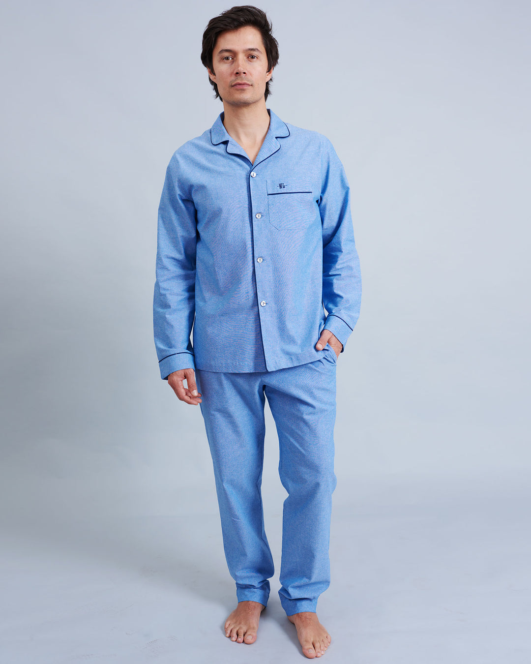 Mens Long Pyjamas Chambray Blue Sky Front - Woodstock Laundry UK