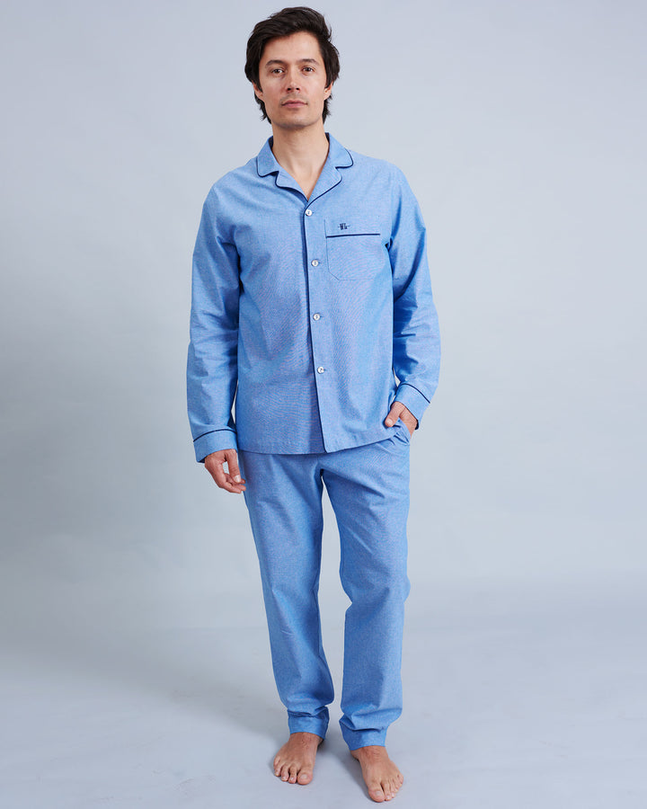 Mens Long Pyjamas Chambray Blue Sky - Woodstock Laundry UK