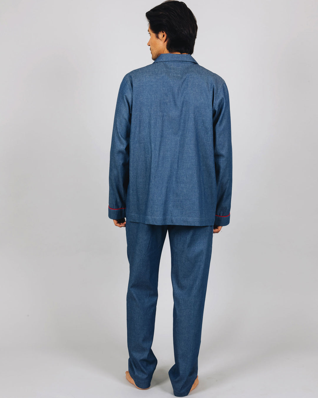 Mens Long Pyjamas Denim Medium Blue Back - Woodstock Laundry UK