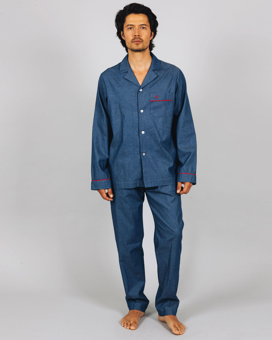 Mens Long Pyjamas Denim Medium Blue Front - Woodstock Laundry UK