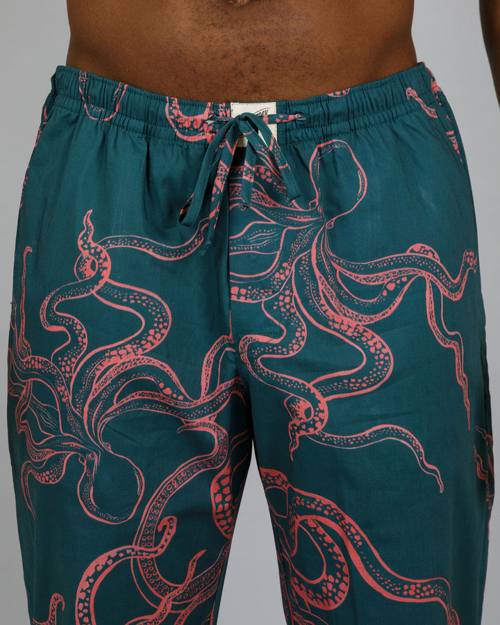 Mens Lounge Pants Octopus Pink Close - Woodstock Laundry UK
