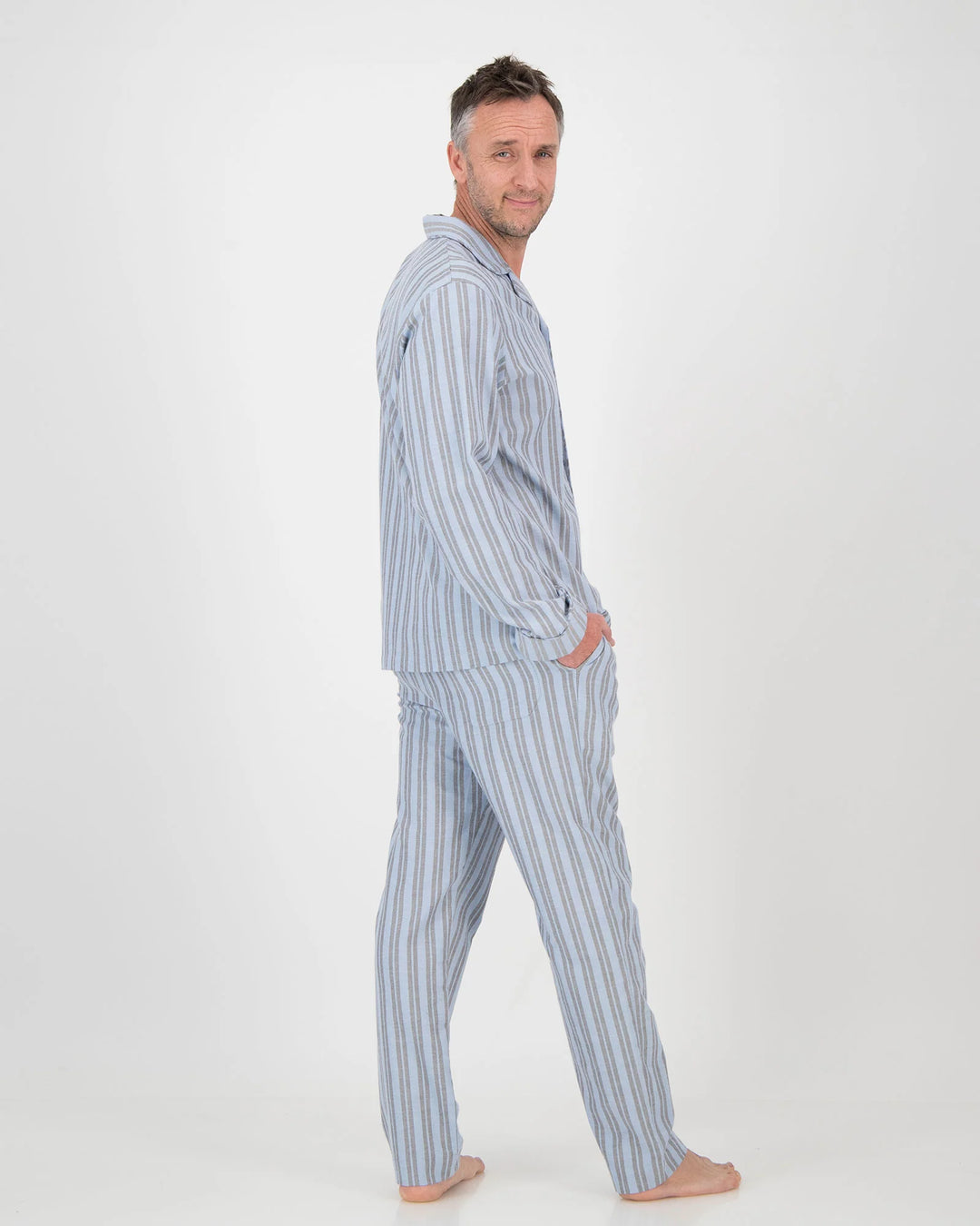 Mens Long Pyjamas - Flannel Turquoise & Charcoal Stripe