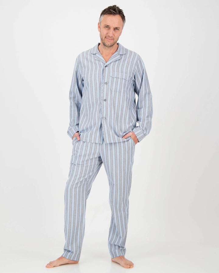 Mens Long Pyjamas - Flannel Turquoise & Charcoal Stripe